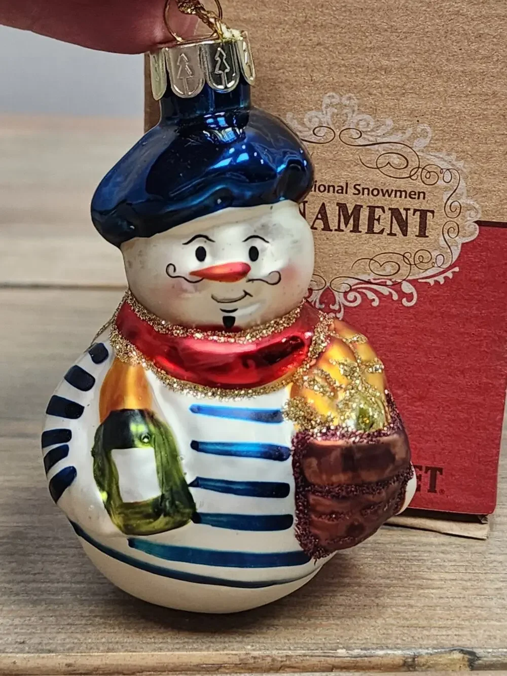 French Snowman Ornament Blown Glass Beret Wine Baguette Old World 2010